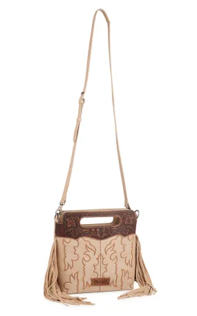 Wrangler Latte Tooled Floral Handle & Fringe Boot-Stitch Accent Concealed Carry Crossbody Bag